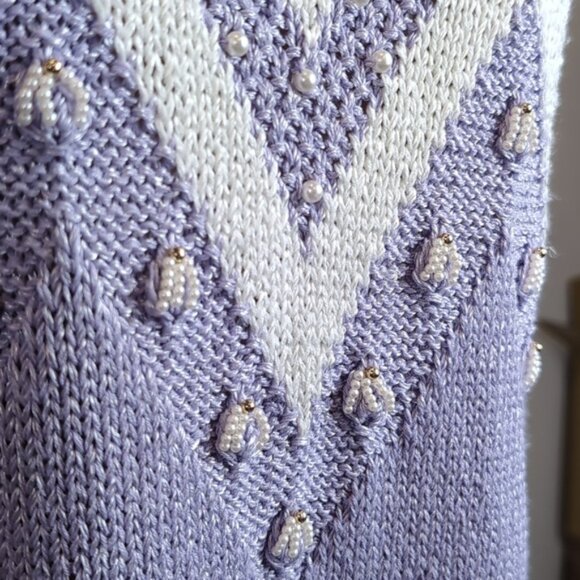 Vintage 90s Magnolia Sweater Pearl Beaded Chevron Tunic Knit Pullover Keyhole - Picture 5 of 14